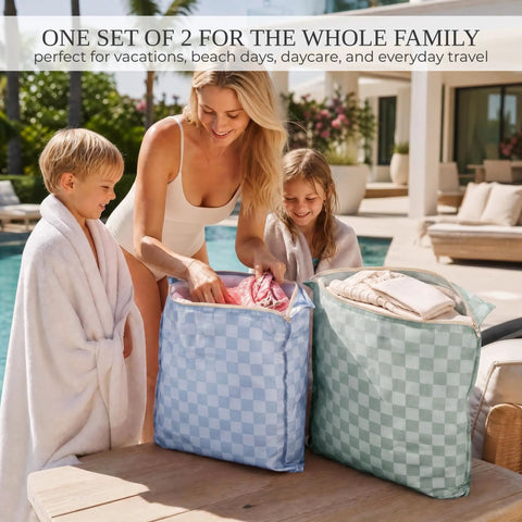 Family using Two Pack Large Wet Dry Bags For Swimwear And Laundry, Waterproof Travel Organizer next to pool
