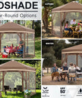Pop Up Canopy Tent 10x12 With Mesh Walls Six Sides Gazebo Patented One Step Lock Tech No Tools Needed Easy Setup For Outdoor Camping Lawn Parties And Gatherings In Khaki And Brown, shown in different seasonal settings.