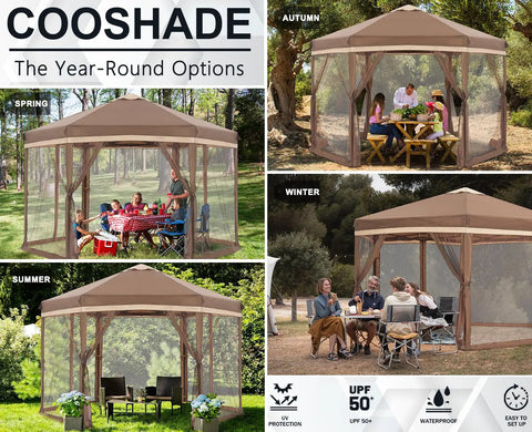 Pop Up Canopy Tent 10x12 With Mesh Walls Six Sides Gazebo Patented One Step Lock Tech No Tools Needed Easy Setup For Outdoor Camping Lawn Parties And Gatherings In Khaki And Brown, shown in different seasonal settings.
