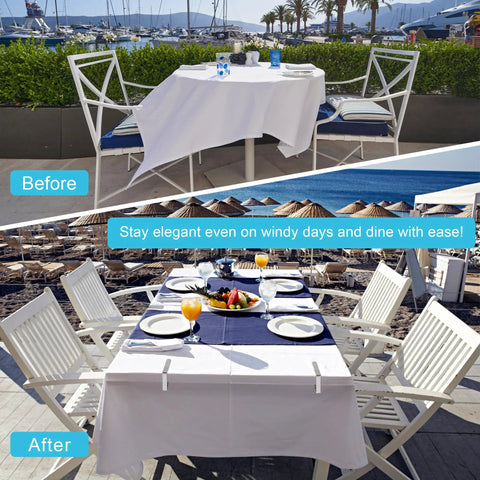 Before and after using Heavy Duty Stainless Steel Tablecloth Clips 16 Pack For Outdoor Tables Stay Put No Slip Metal Picnic Table Clips