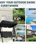 Three Seat Outdoor Porch Swing With Canopy And Cushions for Backyard and Garden Comfort, shown in various outdoor settings.