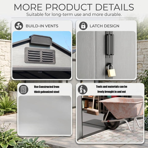 Heavy Duty Galvanized Steel Outdoor Storage Shed With Lockable Door And Wide Double Doors for Tools and Gear, Details View