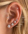 Six Pairs Dainty Stud Earrings Set With Flat Back Posts In 2mm 3mm 4mm 5mm 6mm And 8mm Sizes 14K Gold Plated For Women And Girls Everyday Sparkle Mix And Match, ear close-up