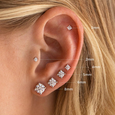 Six Pairs Dainty Stud Earrings Set With Flat Back Posts In 2mm 3mm 4mm 5mm 6mm And 8mm Sizes 14K Gold Plated For Women And Girls Everyday Sparkle Mix And Match, ear close-up