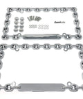 Chrome Mega Metal Round Chain Link License Plate Frame With Screws Caps Set Of 2 For Standard 6 By 12 Inch US Plates displayed flat.