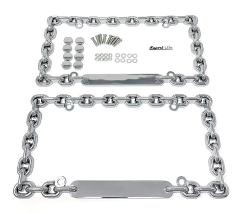 Chrome Mega Metal Round Chain Link License Plate Frame With Screws Caps Set Of 2 For Standard 6 By 12 Inch US Plates displayed flat.