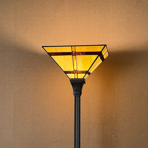Stained Glass Tiffany Style Torchiere Floor Lamp 69 Inch Tall Cream Brown Antique Uplight With Totally Handmade Shade And Resin Base
