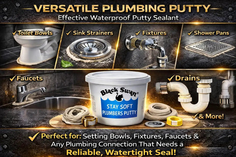 Stay Soft Plumber Putty 14oz for sink drains, faucets, and fixtures shown sealing various plumbing components in kitchen and bath.