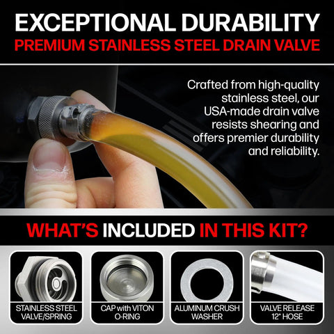 Made In USA Built To Last Heavy Duty Half Inch By Twenty Quick Oil Drain Plug In Stainless Steel kit contents overview