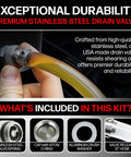 Image showing Made In USA Stainless Steel Quick Valve Oil Drain Plug M18 X 1.5 For Ram Cummins with hose and components displayed.