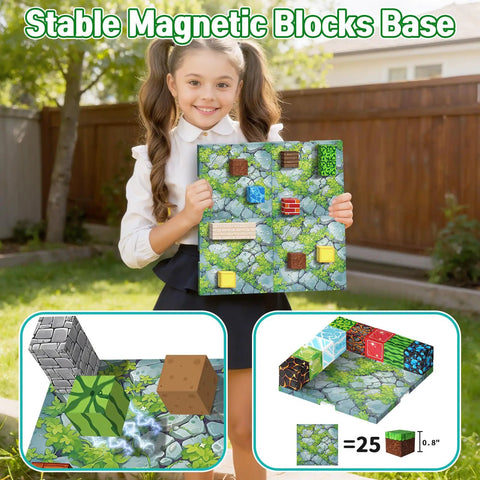 Child holding Dope Magnetic Base Plates Set For Minecraft Four Green 4x4 Base Boards Magnetic Building Blocks Foundation