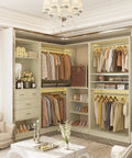 Hella Durable 97 Inch Modular Closet System With Four Hang Rods And Storage Bench 2500 Pound Heavy Duty White Oak showing organized clothing.