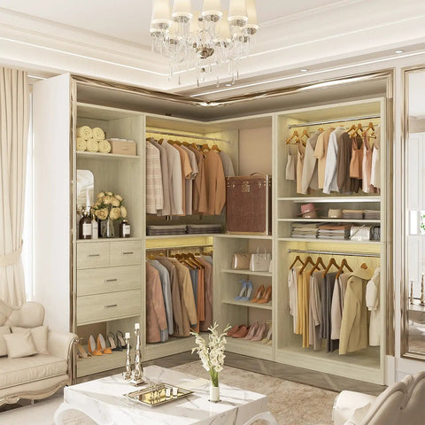 Hella Durable 97 Inch Modular Closet System With Four Hang Rods And Storage Bench 2500 Pound Heavy Duty White Oak showing organized clothing.