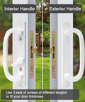 White Patio Sliding Glass Door Handle Set With Reversible Design fits wood or vinyl doors, exterior and interior view.