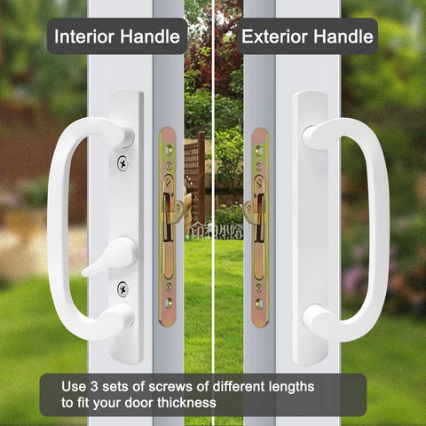 White Patio Sliding Glass Door Handle Set With Reversible Design fits wood or vinyl doors, exterior and interior view.