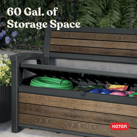 60 Gallon Storage Bench Deck Box For Patio And Outdoor Hangouts in Walnut Finish, open to reveal garden tools inside.