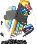 13 Piece SAE Allen Wrench Set With Ball End Hex Keys Color Coded For Quick Size ID L Shaped Alloy Steel Tool Kit For Bike Repairs, Furniture Fixes, And DIY Projects displayed with hex bolts.
