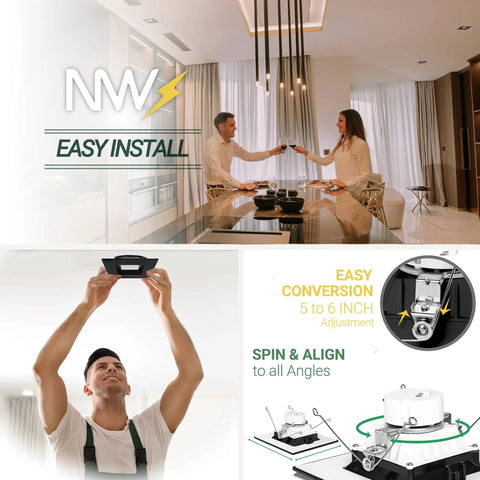 Installation of 4 Pack Black 6 Inch Square LED Can Lights With 5 CCT Selectable 2700K To 5000K, 1100 Lumens, 14W, Dimmable