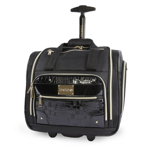 Underseat Carry On Luggage With Wheels, Compact Croc Black Travel Bag For Planes, spacious main compartment and trolley handle extended