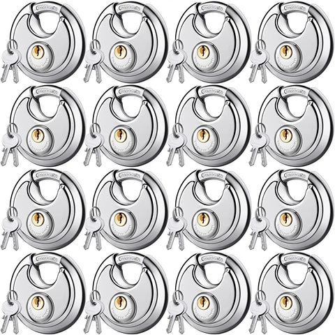 16 Pack Keyed Alike Disc Pad Locks Stainless Steel 2-3/4 Wide 3/8 Shackle Built Tough Outdoor Lock Set For Storage Units