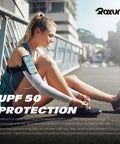Woman resting after exercise wearing Cooling Arm Sleeves With UPF Fifty Plus Sun Protection For Men And Women Seamless Sport Compression For Outdoor Activities Like Running Cycling Hiking And More.