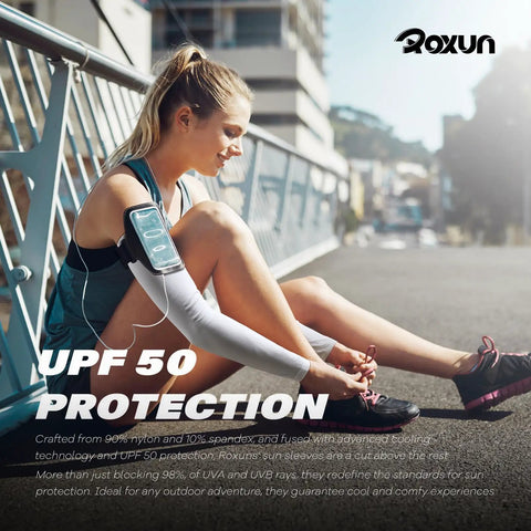 Woman resting after exercise wearing Cooling Arm Sleeves With UPF Fifty Plus Sun Protection For Men And Women Seamless Sport Compression For Outdoor Activities Like Running Cycling Hiking And More.
