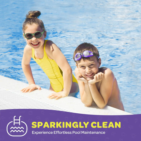 Two children smiling at the edge of a pool, promoting pool maintenance services with emphasis on clean and enjoyable swimming experience.