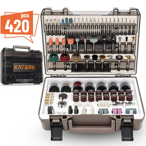 DIY Ready 420 Piece Rotary Tool Accessories Kit for Dremel with case showing attachments for cutting, sanding, and polishing