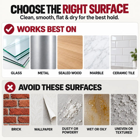 Infographic showing surfaces that work best and should be avoided for Heavy Duty Hook And Loop Fasteners Double Sided Adhesive Tape