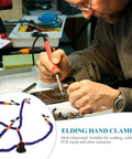 Person soldering with Adjustable Third Hand Soldering Station With Clamp And PCB Holder Blue Solder Tool in electronics repair.