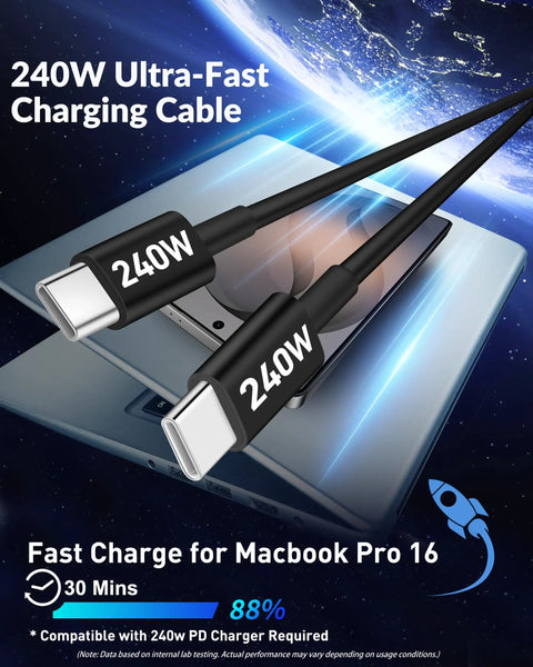 240W fast charging USB-C cable on laptop for MacBook Pro