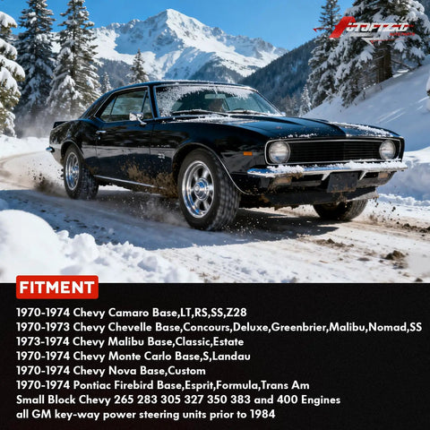 Classic Chevy Camaro with Chrome Power Steering Pump Comes With Double Groove V-Belt Pulley Key Way Shaft Bracket Kit driving in snow.