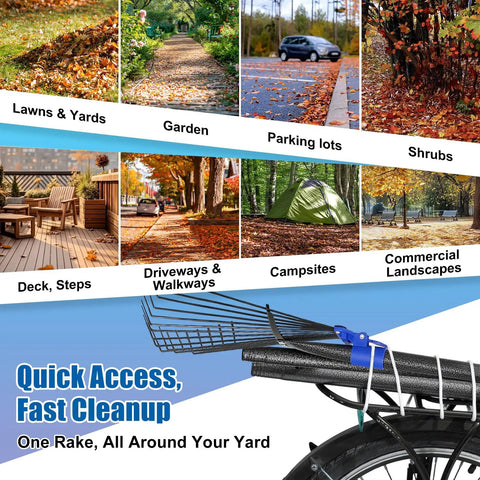 Adaptable metal leaf rake with expandable 8 to 17 inch head and collapsible 45 inch handle for yard cleanup and camping.