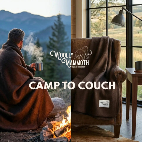 Extra Large Merino Wool Camp Blanket for Outdoorsy Trips, breathable and durable on camper by fire and on armchair.