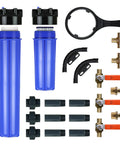 Whole House Water Filter System Pro Install Kit With Brass Components And Three Quarter Inch Fittings Includes Twenty Inch Pre Filter Ten Inch Post Filter And Bypass EQ 1000 075 with brass and plastic parts displayed