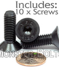 Badass Grade 12.9 M8 X 25mm Flat Head Socket Cap Screws, Din 7991 Countersunk Metric Fasteners, Rock Solid Black Oxide Alloy Steel, Heavy Duty Pro Pick, 10 Pack Hardware Must Have next to a coin.