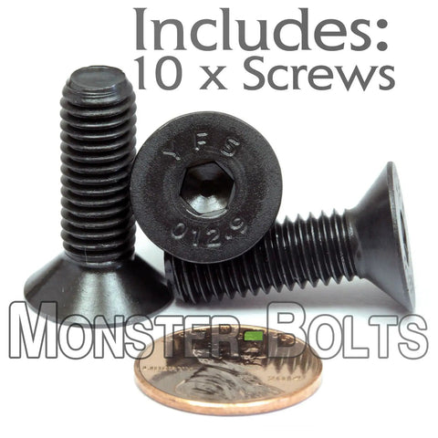 Badass Grade 12.9 M8 X 25mm Flat Head Socket Cap Screws, Din 7991 Countersunk Metric Fasteners, Rock Solid Black Oxide Alloy Steel, Heavy Duty Pro Pick, 10 Pack Hardware Must Have next to a coin.