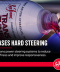 Automatic Transmission Fluid Treatment Scrapes Gritty Sludge To Keep Shifts Snappy And Smooth While Safely Dissolving Hardened Varnish Buildup From Valve Bodies In 16 Oz Bottle pouring into a blue funnel.