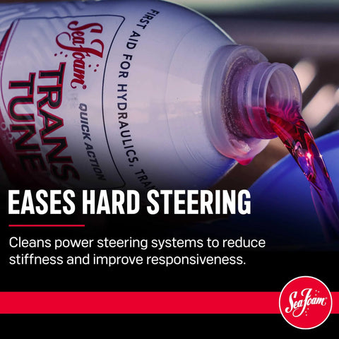 Automatic Transmission Fluid Treatment Scrapes Gritty Sludge To Keep Shifts Snappy And Smooth While Safely Dissolving Hardened Varnish Buildup From Valve Bodies In 16 Oz Bottle pouring into a blue funnel.