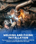 Welding technician performing exhaust system repair using Universal Exhaust Flange Repair Kit Fits Most Cars And Trucks Uses T304 Stainless Steel.