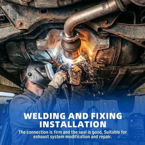 Welding technician performing exhaust system repair using Universal Exhaust Flange Repair Kit Fits Most Cars And Trucks Uses T304 Stainless Steel.