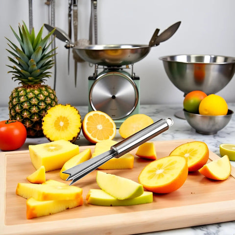 V Shape Pineapple Eye Remover Tool With Multipurpose Clip Stainless Steel Peeler for home kitchen on cutting board with sliced fruit