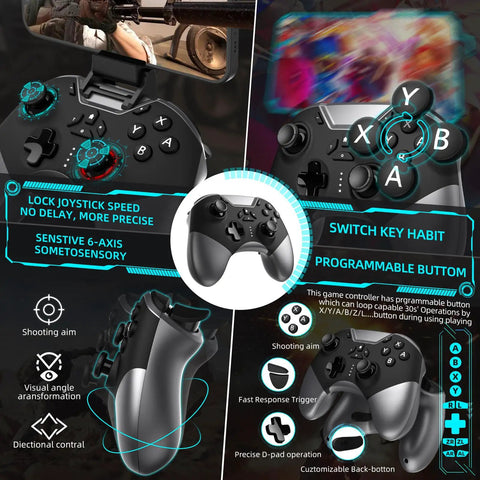 Wireless Game Controller for Switch PC iPhone Android Apple Arcade TV Steam With Bluetooth 4.0, close-up with phone clip