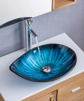Blue Tempered Glass Vessel Sink With Faucet And Drain Above Counter Bathroom Upgrade Water Drop Style Chrome Finish Premium Modern Glass Sink Combo