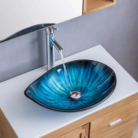 Blue Tempered Glass Vessel Sink With Faucet And Drain Above Counter Bathroom Upgrade Water Drop Style Chrome Finish Premium Modern Glass Sink Combo