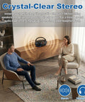 Living room scene with Portable CD Player Boombox With Top-Loading Disc, AM/FM stereo, black finish with blue rims on a wooden cabinet
