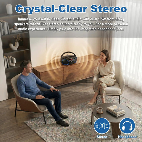 Living room scene with Portable CD Player Boombox With Top-Loading Disc, AM/FM stereo, black finish with blue rims on a wooden cabinet
