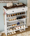Front view of a white Farmhouse Narrow Shoe Cabinet With Odor Control Deodorizer 2 Flip Drawers, top shelves, and side hooks in an entryway.