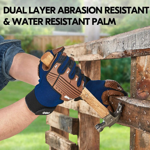 Leather Heavy Duty Work Gloves For Mechanics And DIY Pros With Impact Resistance Anti Vibration And Water Repellent Coating Ideal For Auto Tools Construction Warehousing Gardening And More Size Large Blue being used with a hammer on a fence.