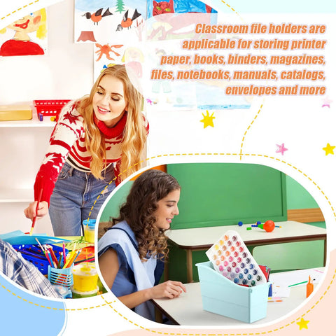 24 Pack Book Bins For Classrooms And Home Office, Plastic Binder Holders with art supplies on a classroom desk